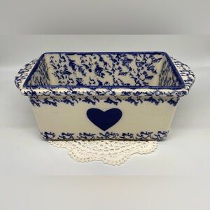 Vintage Large Blue Spongeware Pottery Loaf Dish with Heart - 1980s
